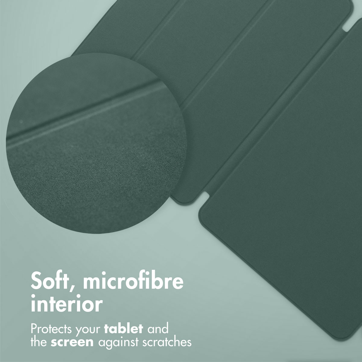 Étui de tablette vert avec intérieur en microfibre douce et texte.
