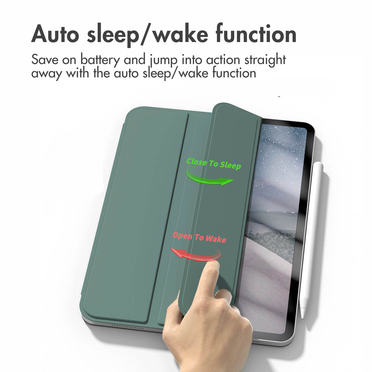 Hand opening green tablet case featuring auto sleep wake function.