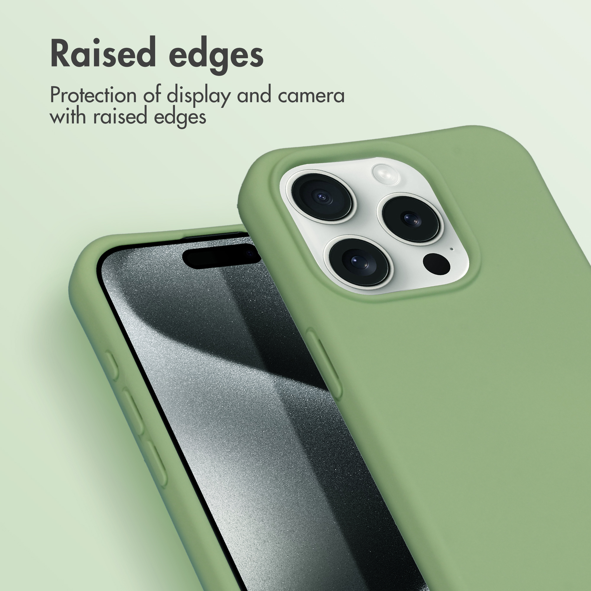 Un smartphone dans une coque verte avec des bords surélevés protégeant l'appareil photo et l'écran sur fond vert.