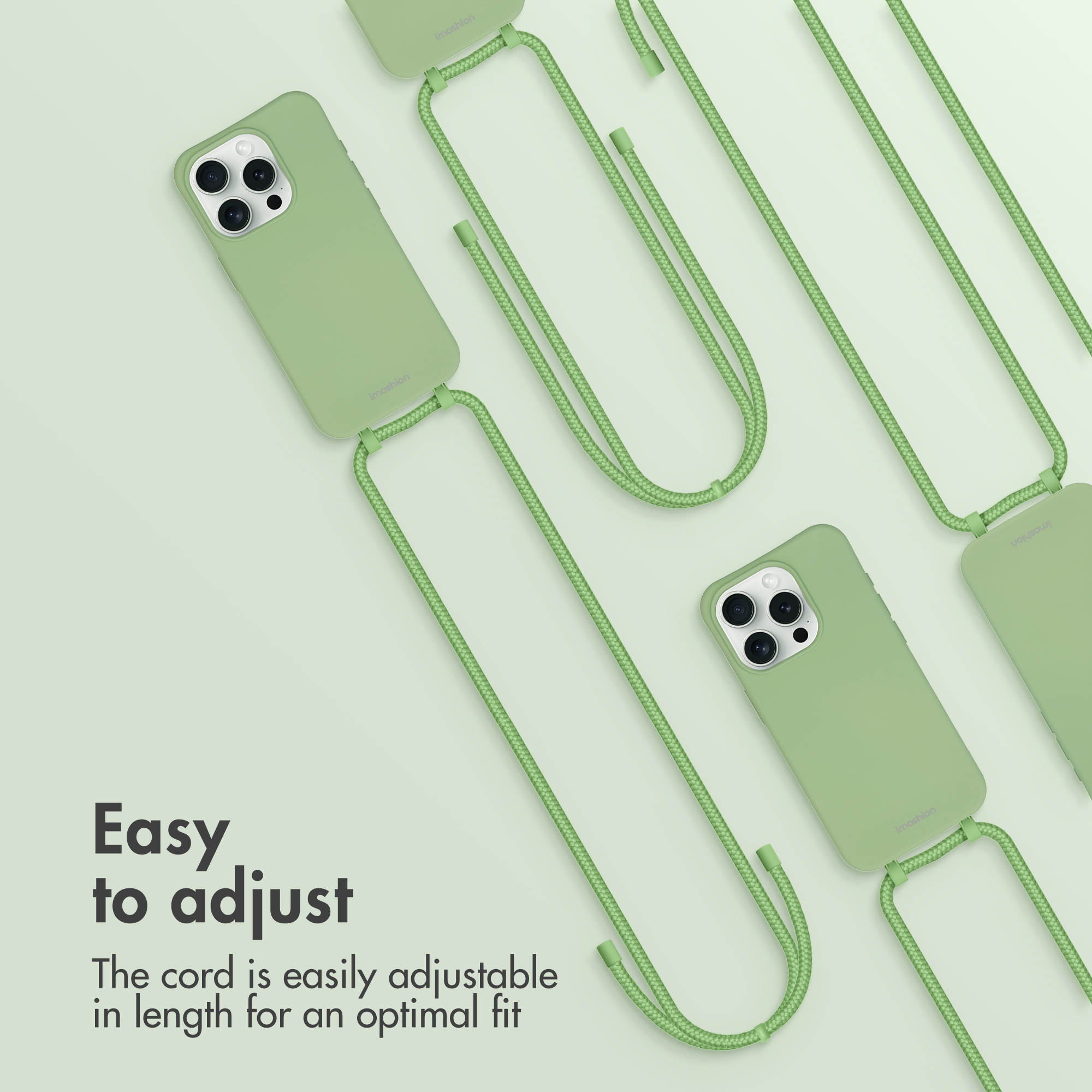 Coques de téléphone vertes avec cordons réglables sur fond vert clair, texte Easy to adjust.