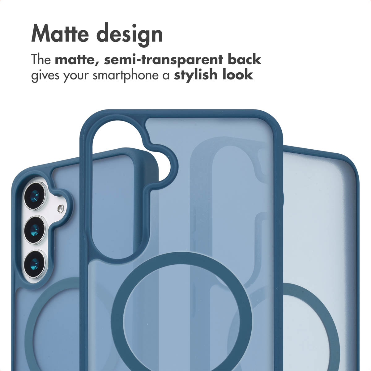 Custodia per smartphone blu opaca con design semi-trasparente e motivo circolare.