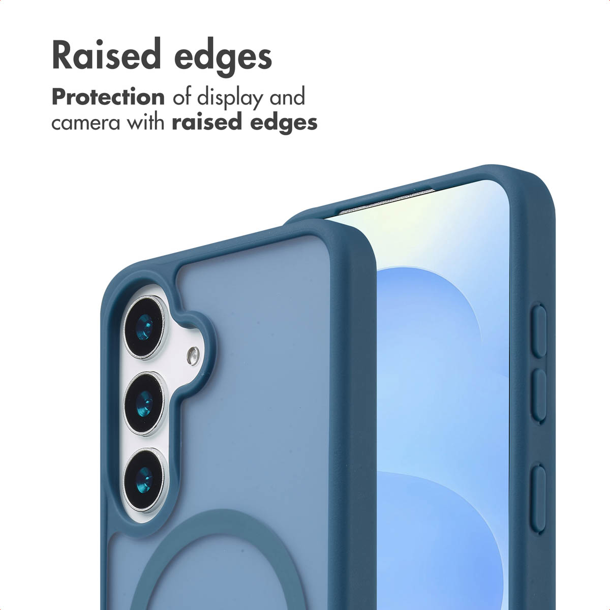 Una custodia blu per smartphone che evidenzia i bordi rialzati per proteggere fotocamera e schermo.