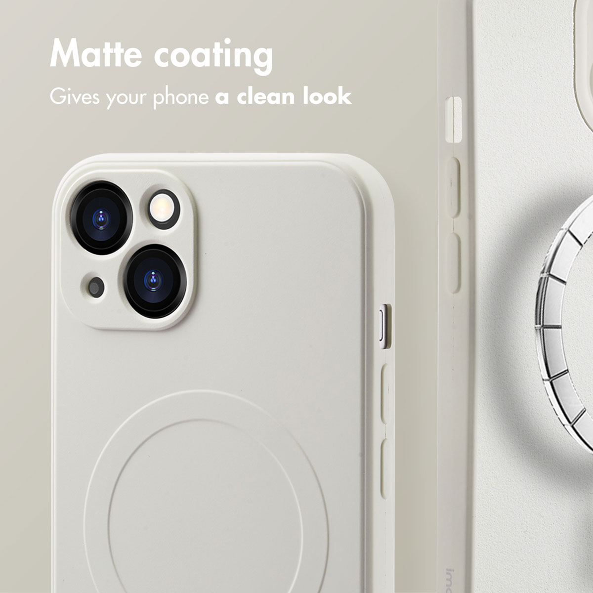 Coque de smartphone beige avec une finition mate et un anneau MagSafe intégré.