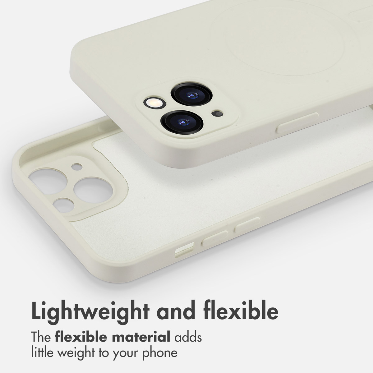 Gros plan d'une coque de téléphone beige clair montrant les découpes pour l'appareil photo et les boutons.
