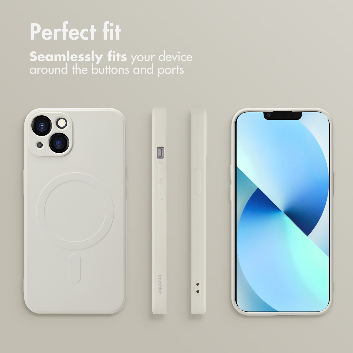 Différentes vues d'une coque de téléphone beige sur fond clair avec le texte Perfect fit.