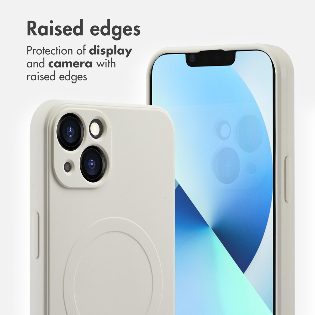 Un smartphone blanc dans une coque de protection à bords surélevés pour l'écran et l'appareil photo, avec du texte.