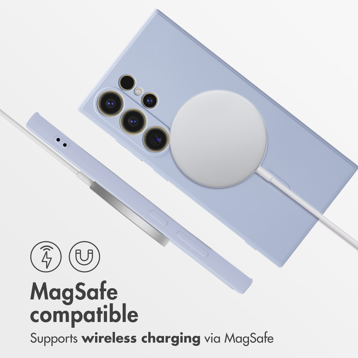 Un smartphone bleu clair avec chargeur MagSafe sur fond blanc et mention de compatibilité.