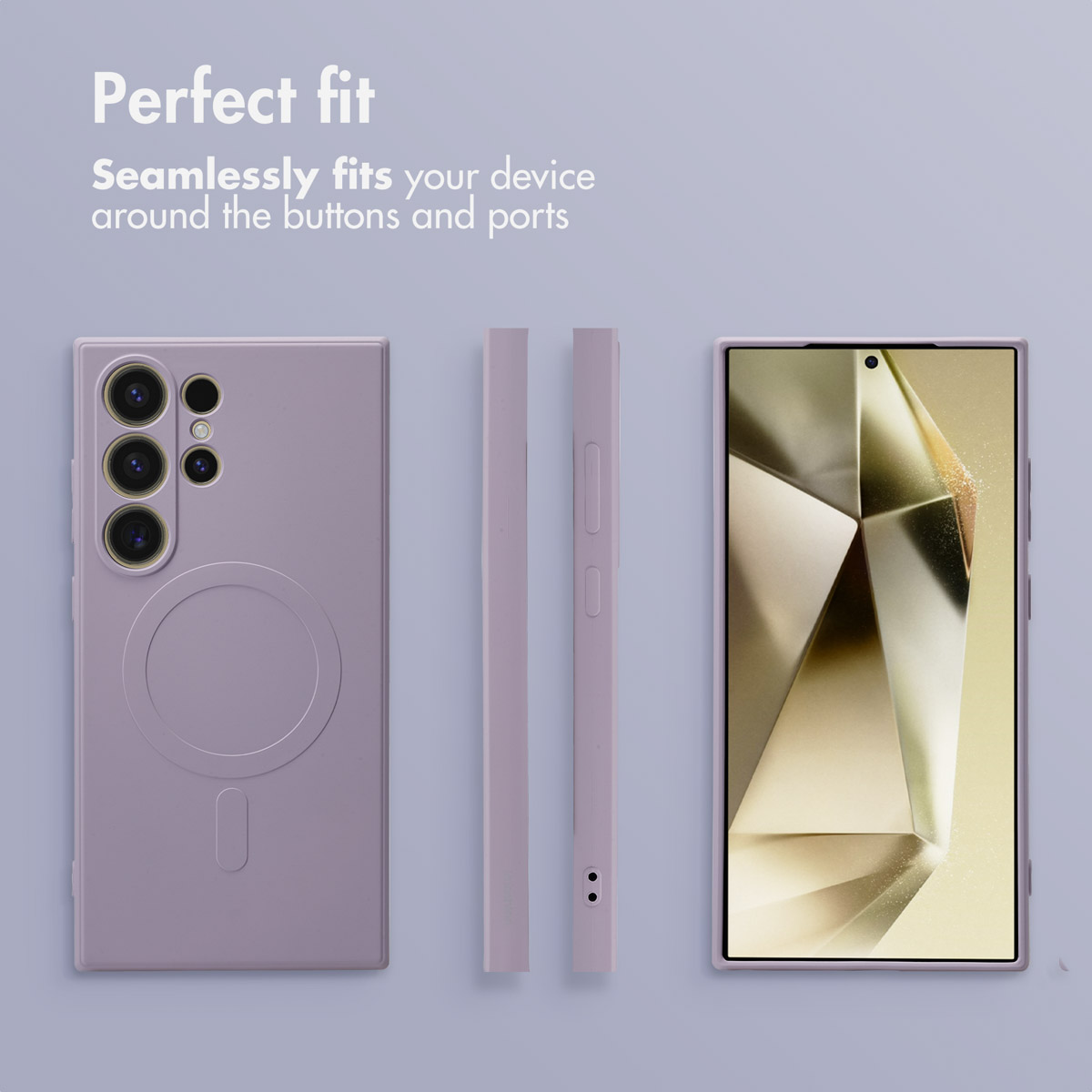 Coque de téléphone violette avec découpes pour boutons et ports, vue de face et de dos sur fond violet.