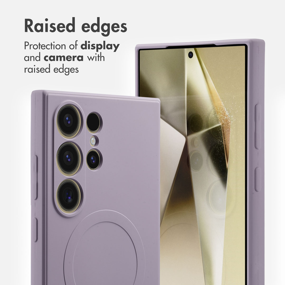 Deux coques de smartphone violettes montrent des bords surélevés pour l'écran et l'appareil photo.