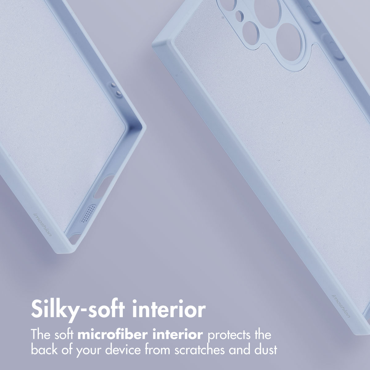 Deux coques de smartphone bleu clair avec doublure en microfibre douce sur fond violet et texte.