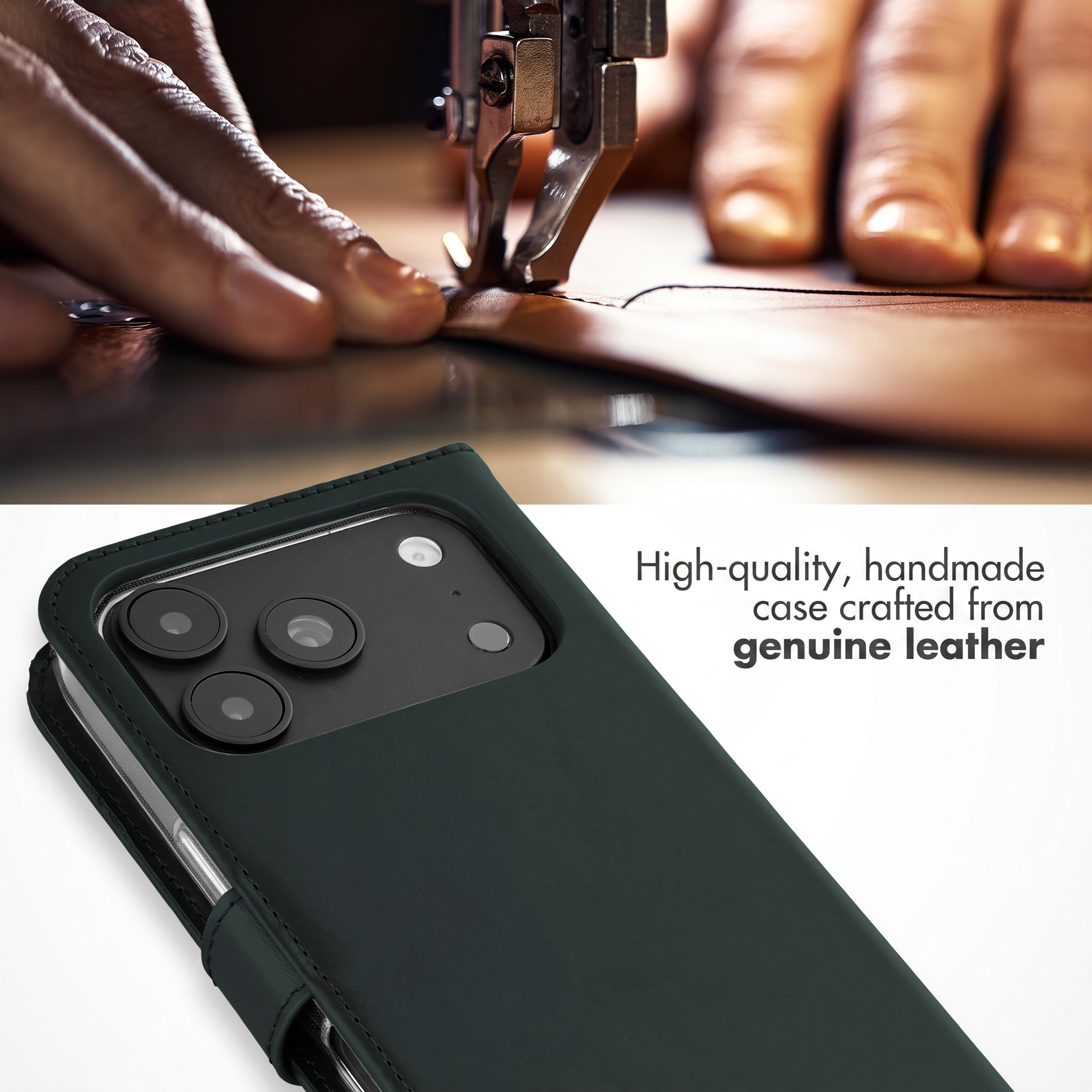 Handgemachte Leder-Handyhülle unter einer Nähmaschine.