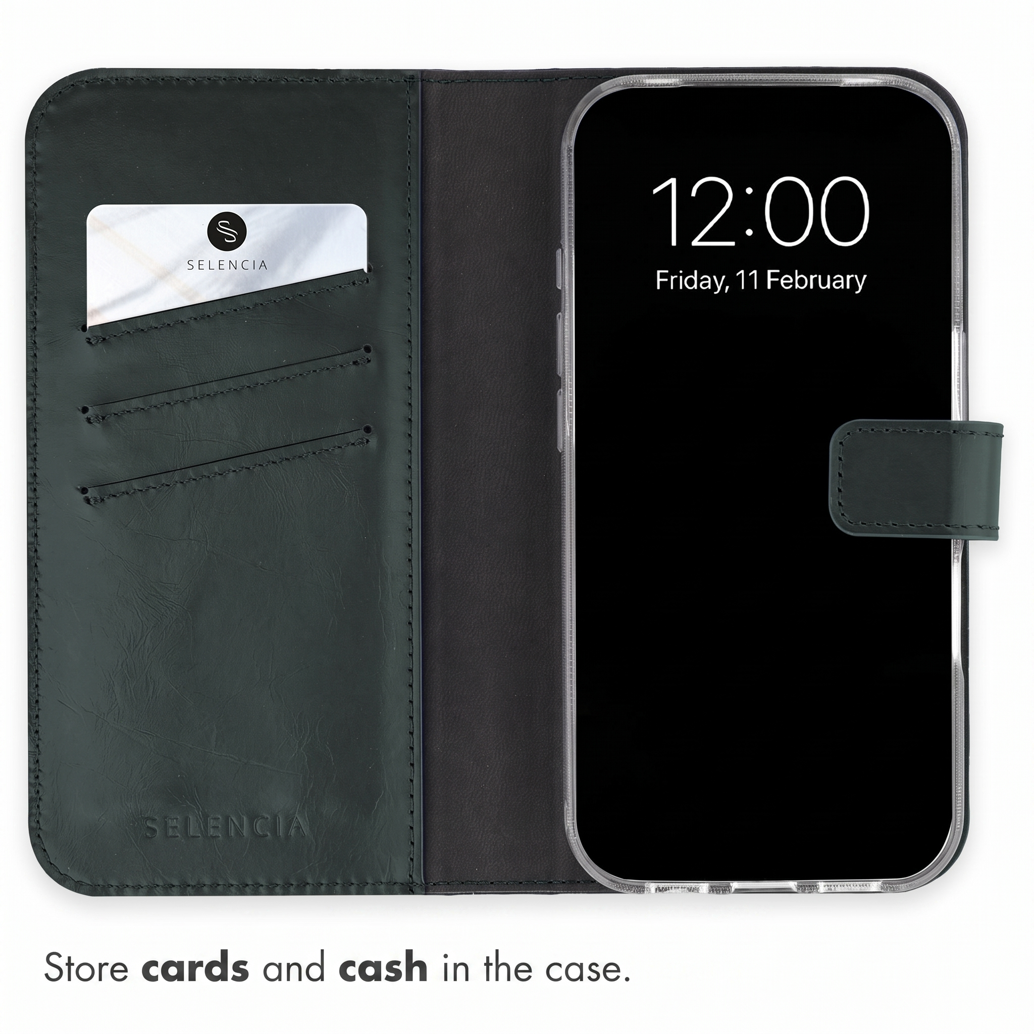 Eine schwarze Leder-Smartphone-Hülle mit Kartenfächern und einem Telefon, das 12:00 Uhr anzeigt.