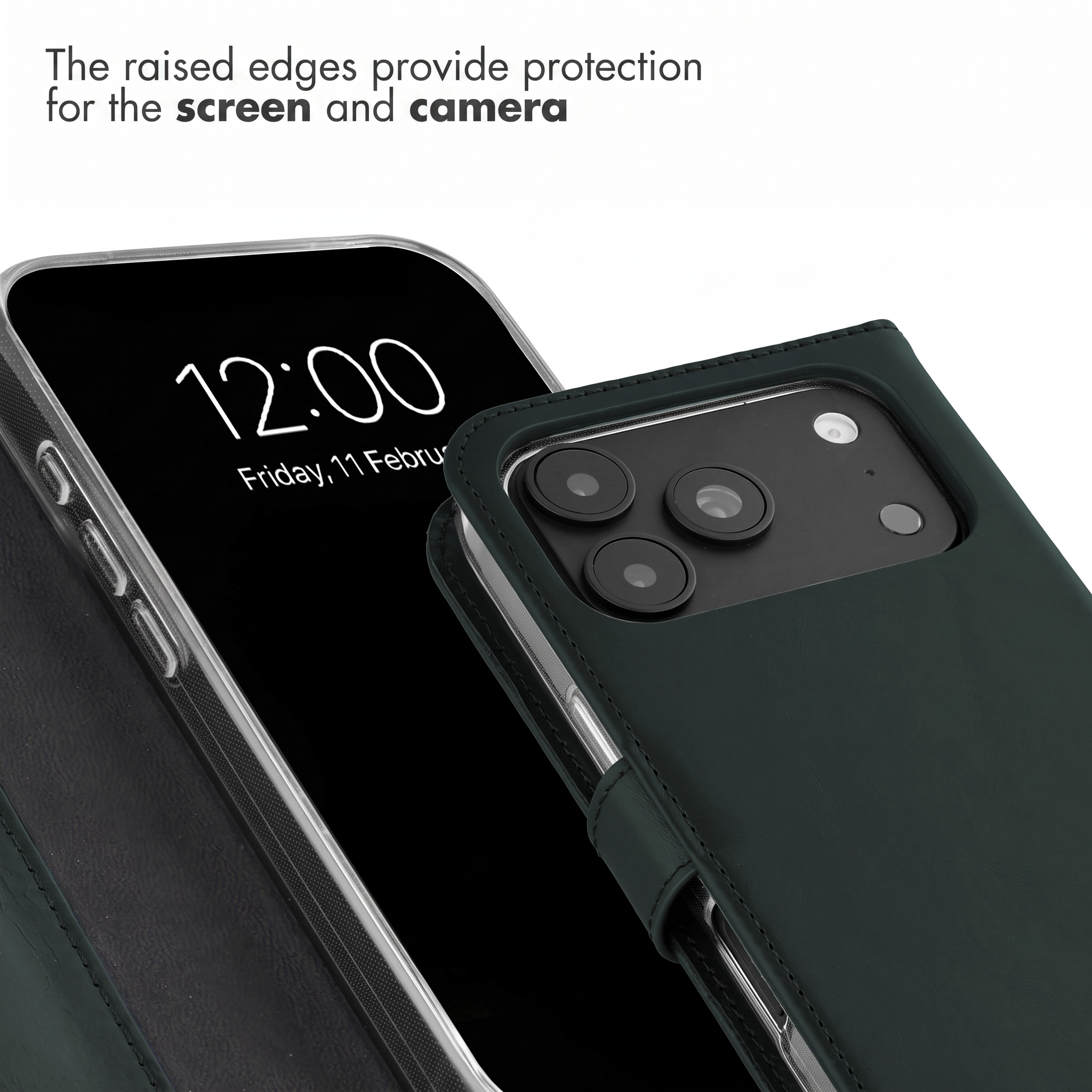 Erhöhte Kanten bieten Schutz für Bildschirm und Kamera eines grünen Smartphones.