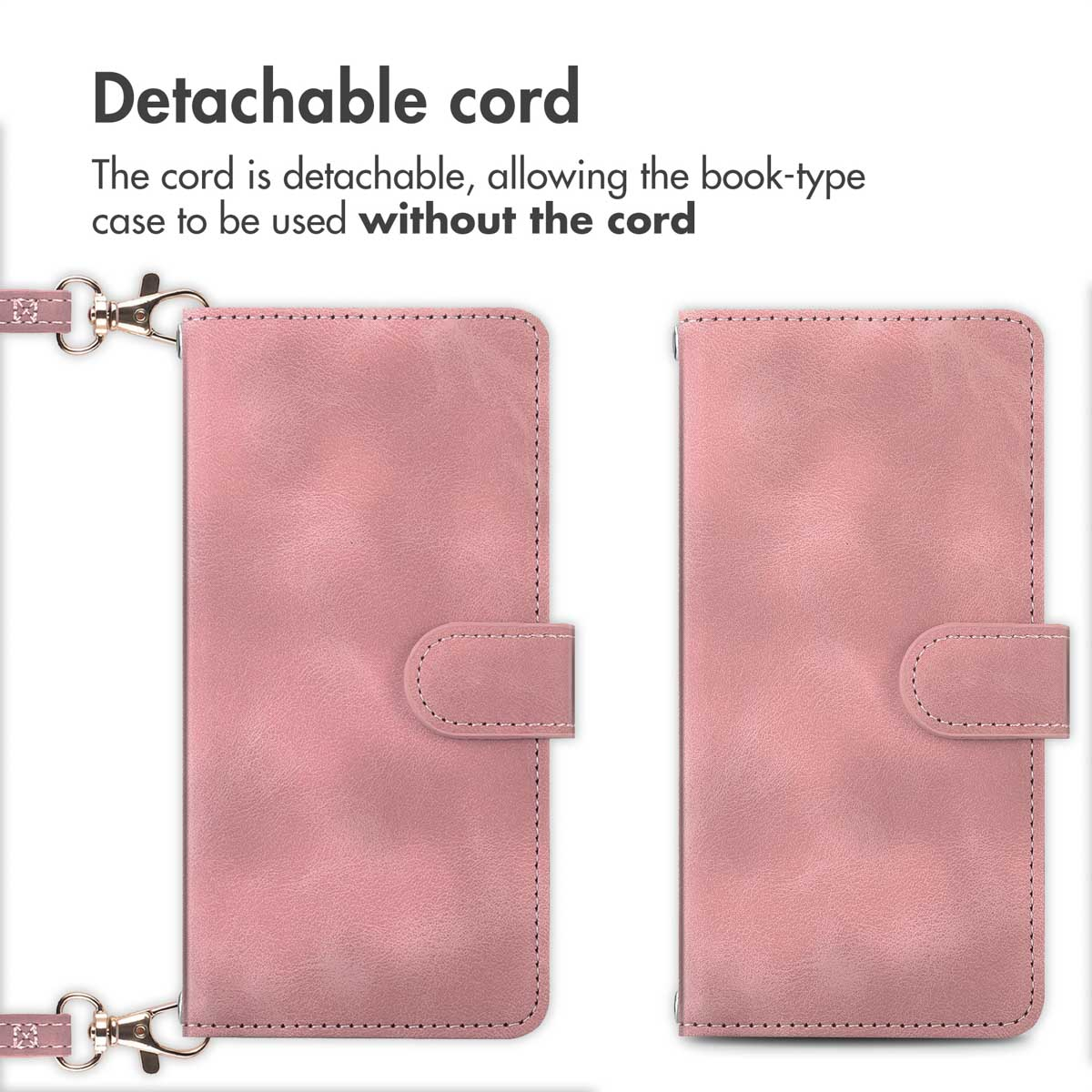 Due custodie per telefono rosa, una con cinturino rimovibile e una senza.