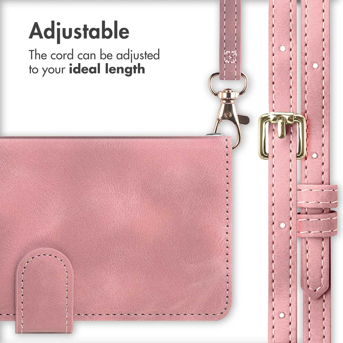 Custodia in pelle rosa con cinturino regolabile e accessori in metallo dorato.