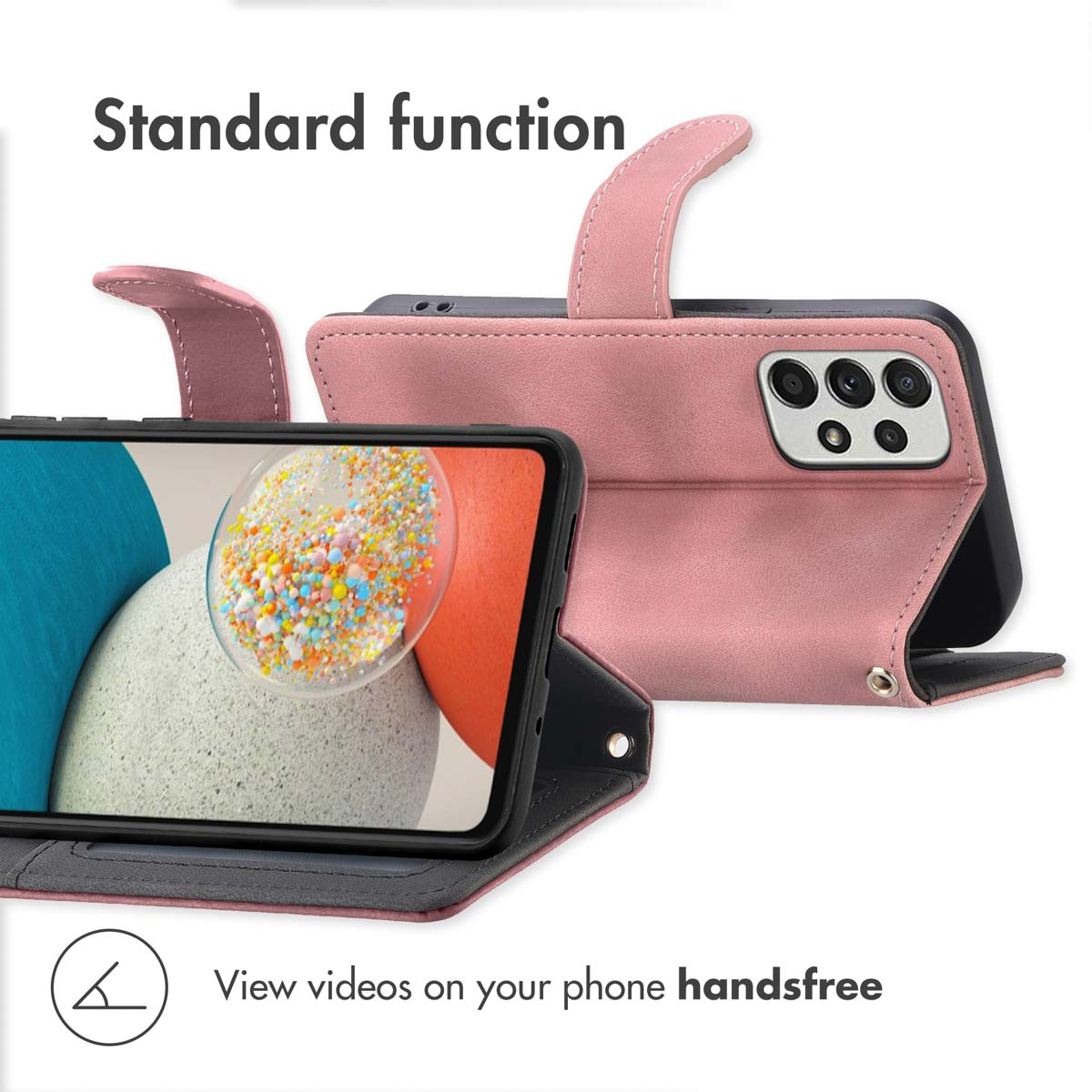 Custodia a portafoglio in pelle rosa per smartphone, con schermo anteriore e fotocamera posteriore.