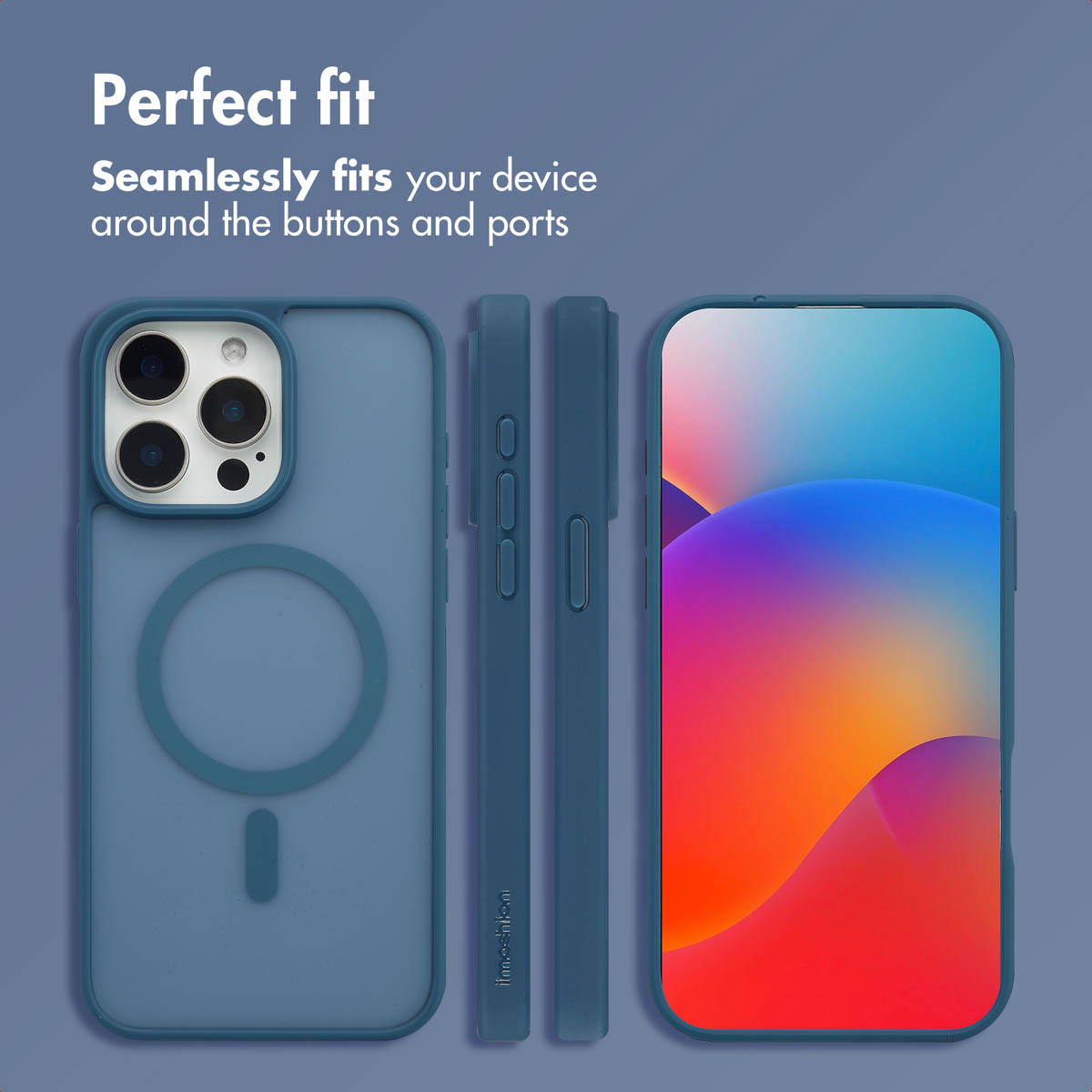 Coque de smartphone bleue avec anneau MagSafe, profils latéraux et écran coloré.