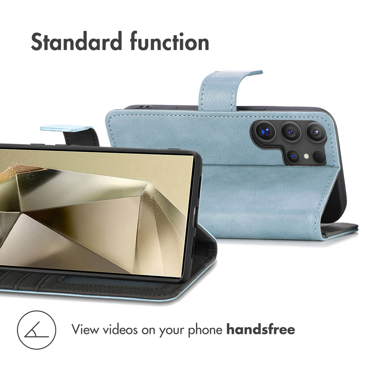 A light blue leather phone case stands open, displaying the screen on one side and camera cutouts on the back.
