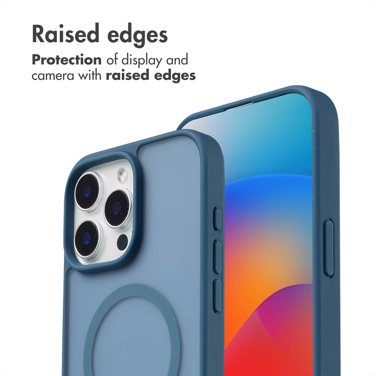 Coque de smartphone bleue avec des bords surélevés pour protéger l'écran et l'appareil photo.