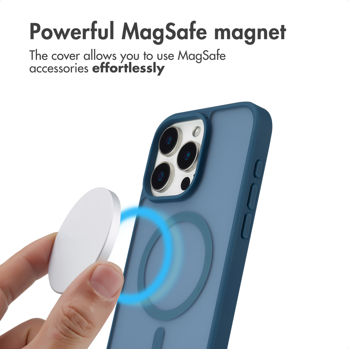 Smartphone en coque bleue avec aimant MagSafe puissant.