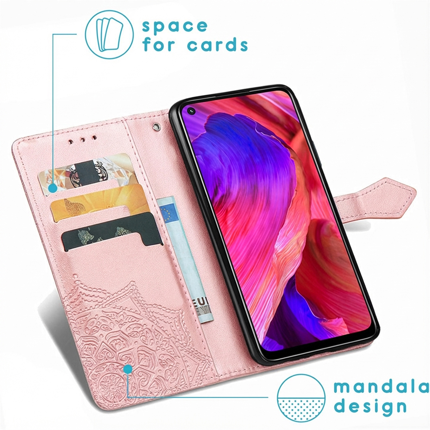 Custodia per telefono in pelle rosa con porta carte, design mandala e schermo astratto colorato.