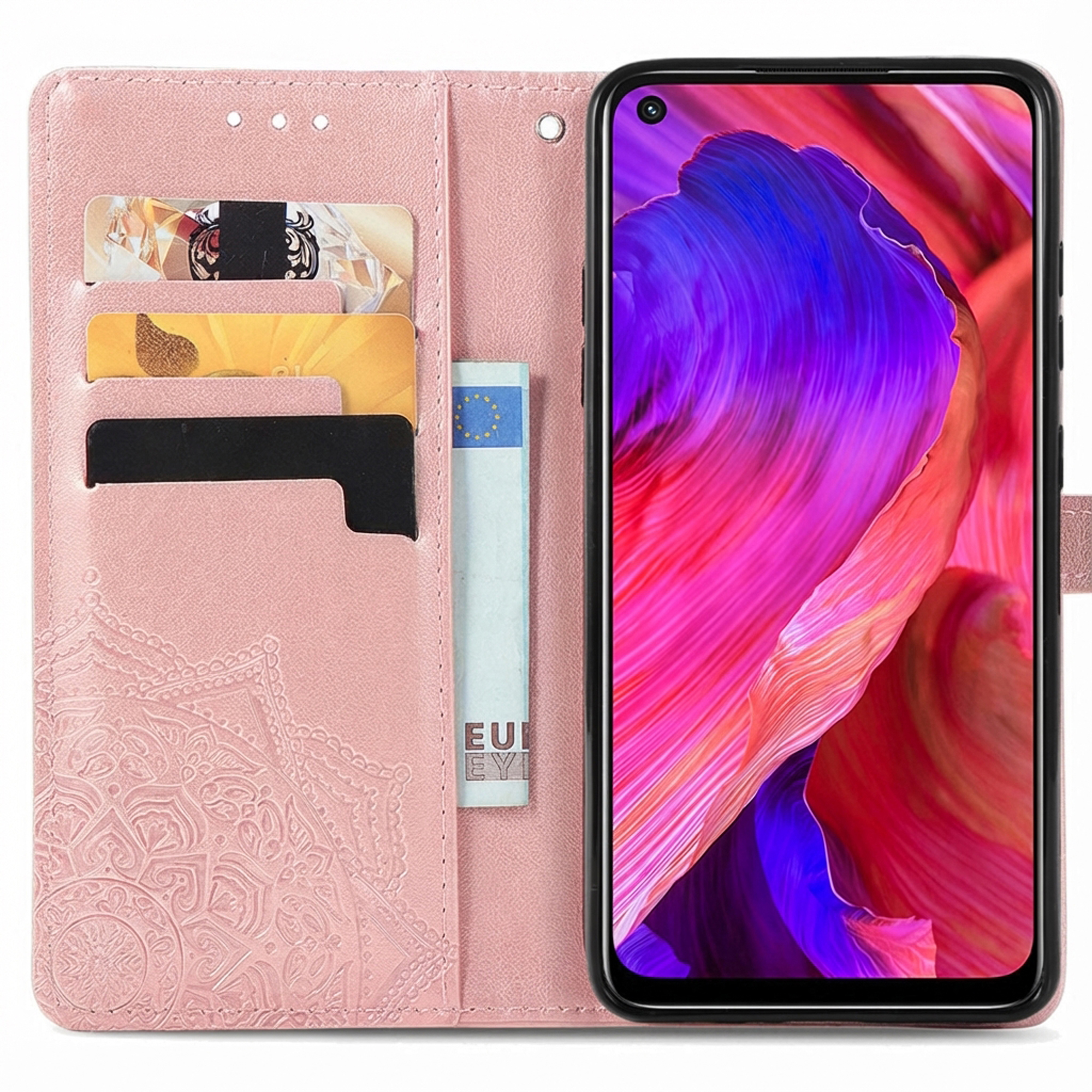 Custodia a portafoglio per telefono in pelle rosa con mandala in rilievo, tasche per carte e smartphone con onde colorate.