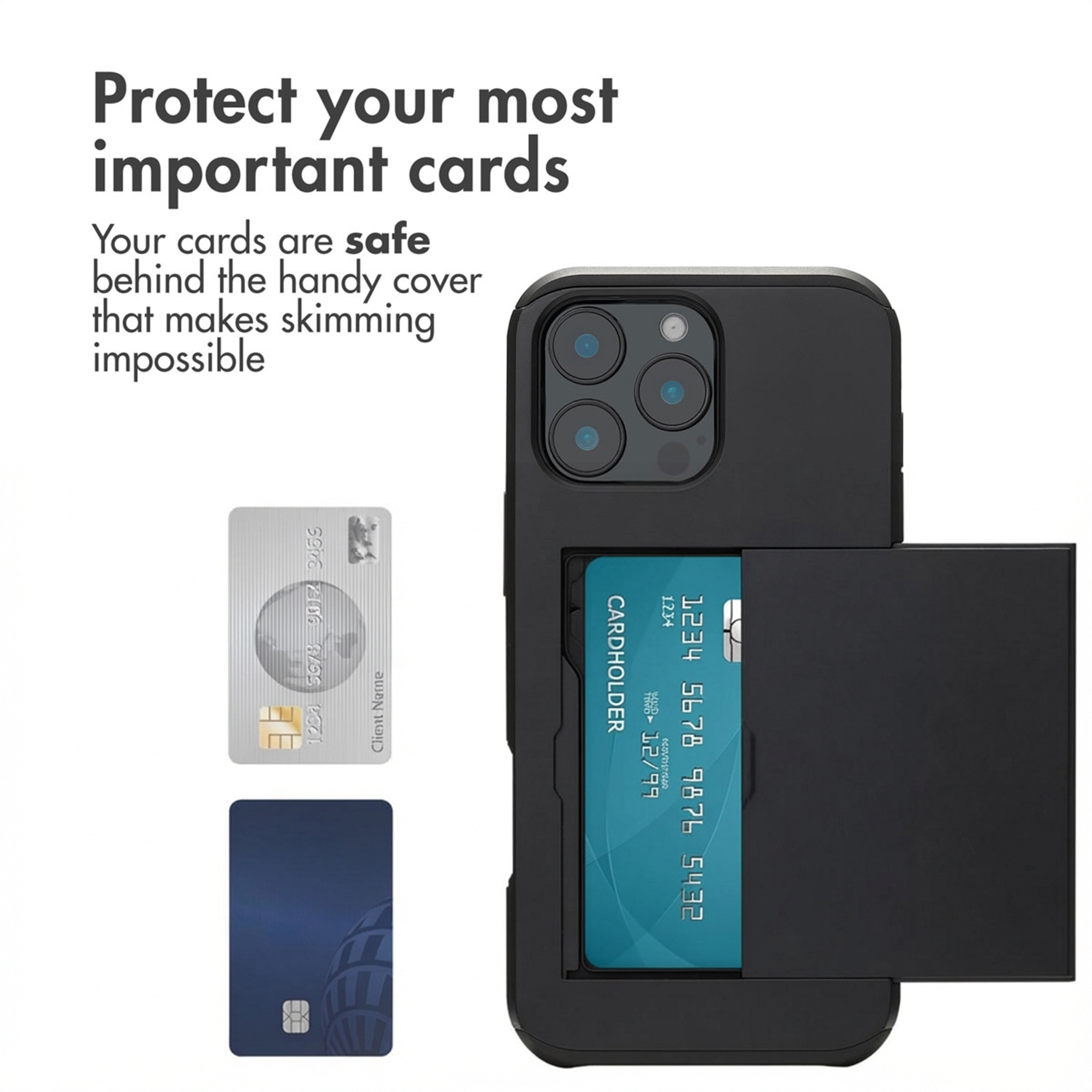 Una funda de smartphone negra con tarjetero en la parte trasera, junto a dos tarjetas de crédito y texto.