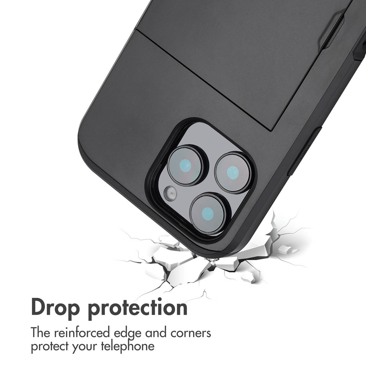 Funda de teléfono negra con módulo de triple cámara, protección contra caídas y texto.