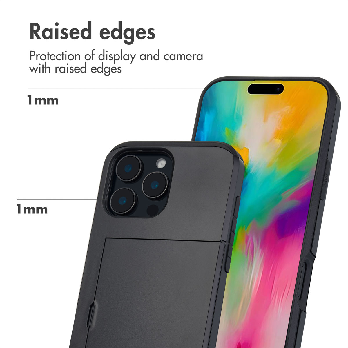 Smartphone en funda protectora con bordes elevados de 1 mm que protegen pantalla y cámara.