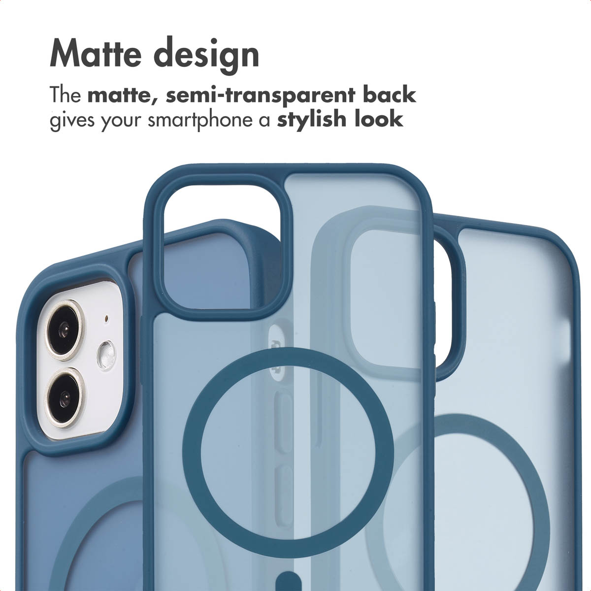 Blaue, matte und halbtransparente Smartphone-Hüllen mit MagSafe-Ring.