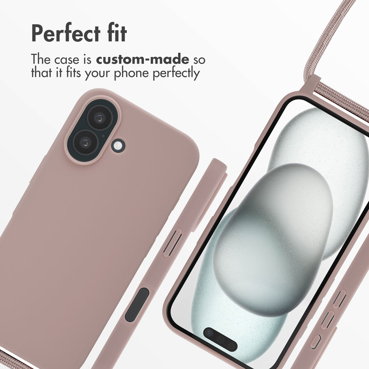 Una funda de móvil rosa con correa y el texto 'Perfect fit'.