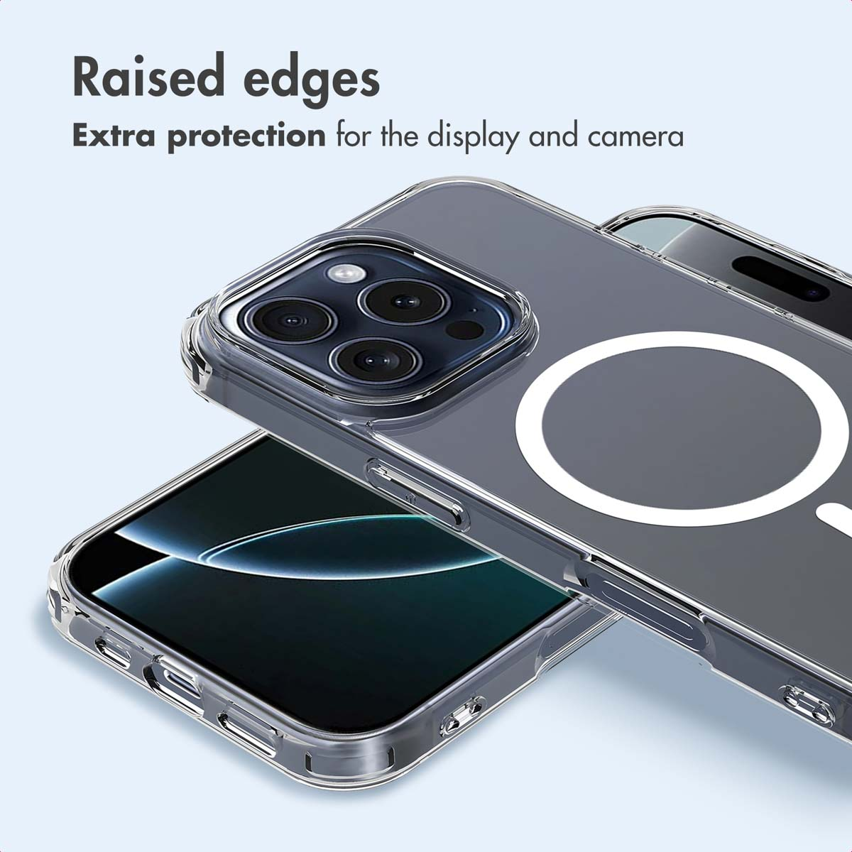 Una cover trasparente per smartphone con bordi rialzati e anello magnetico.