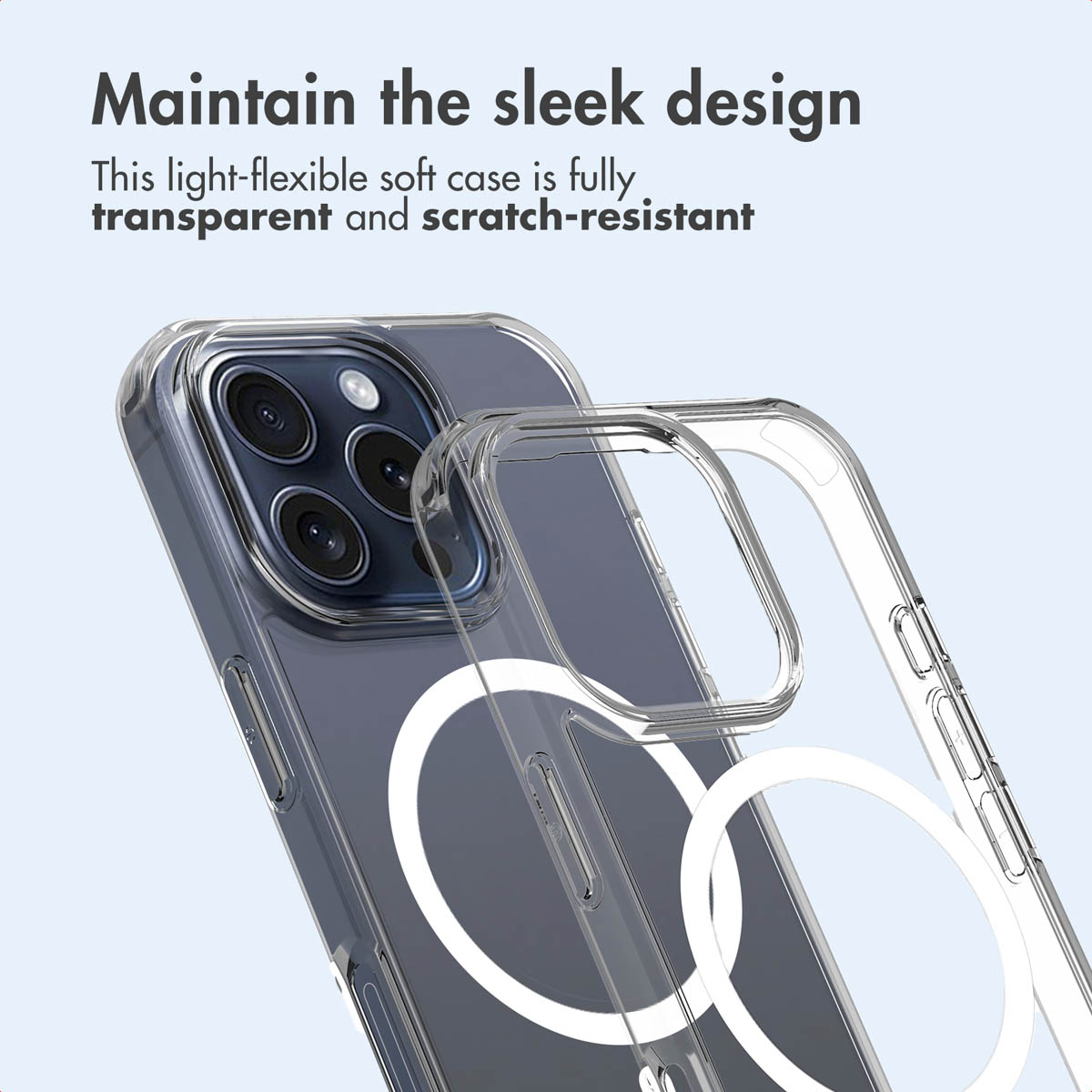 Una custodia protettiva trasparente e antigraffio su uno smartphone scuro con MagSafe.