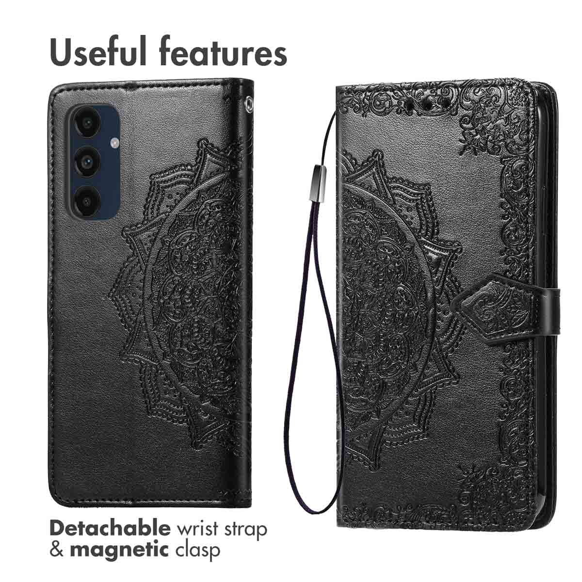 Zwarte leren telefoonhoes met in relief mandalapatroon, polsband en magnetische sluiting.