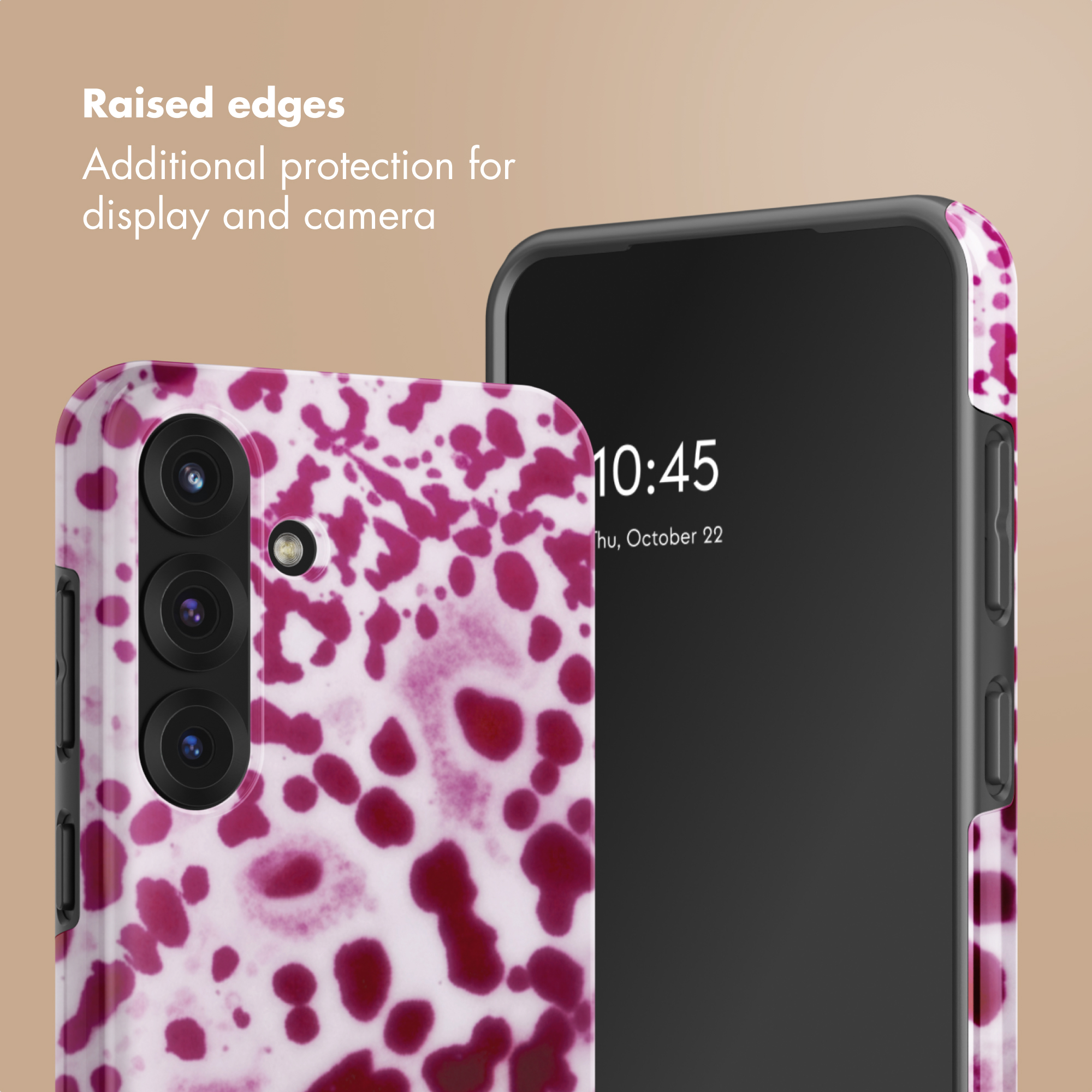 Smartphone con funda rosa de estampado animal y bordes elevados para proteger pantalla y cámara.