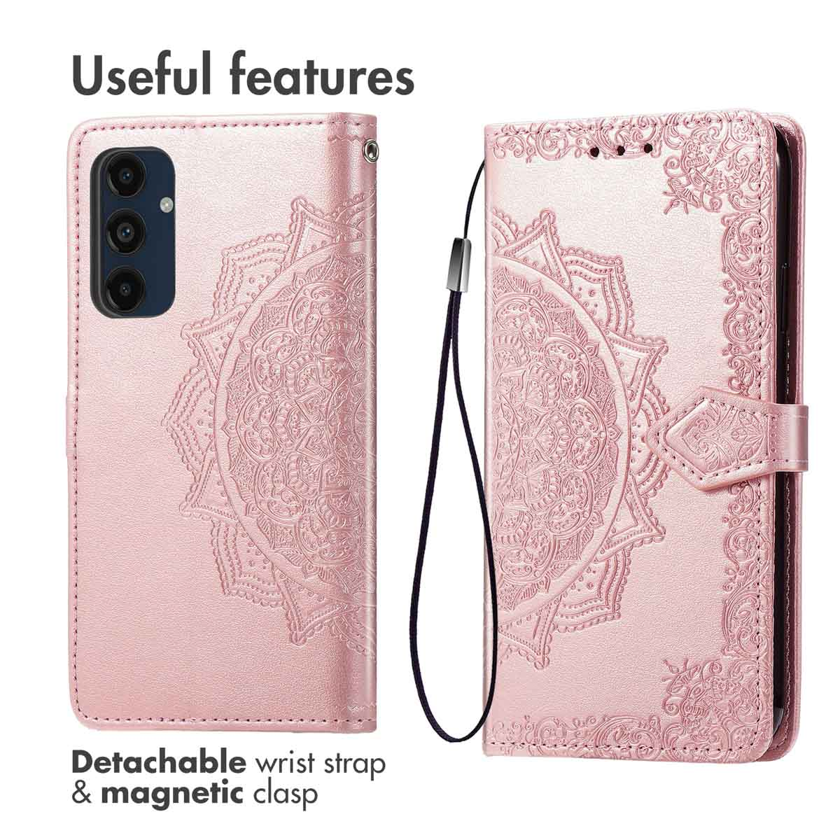 Roze telefoonhoes met mandalapatroon, polsbandje en magneetsluiting.