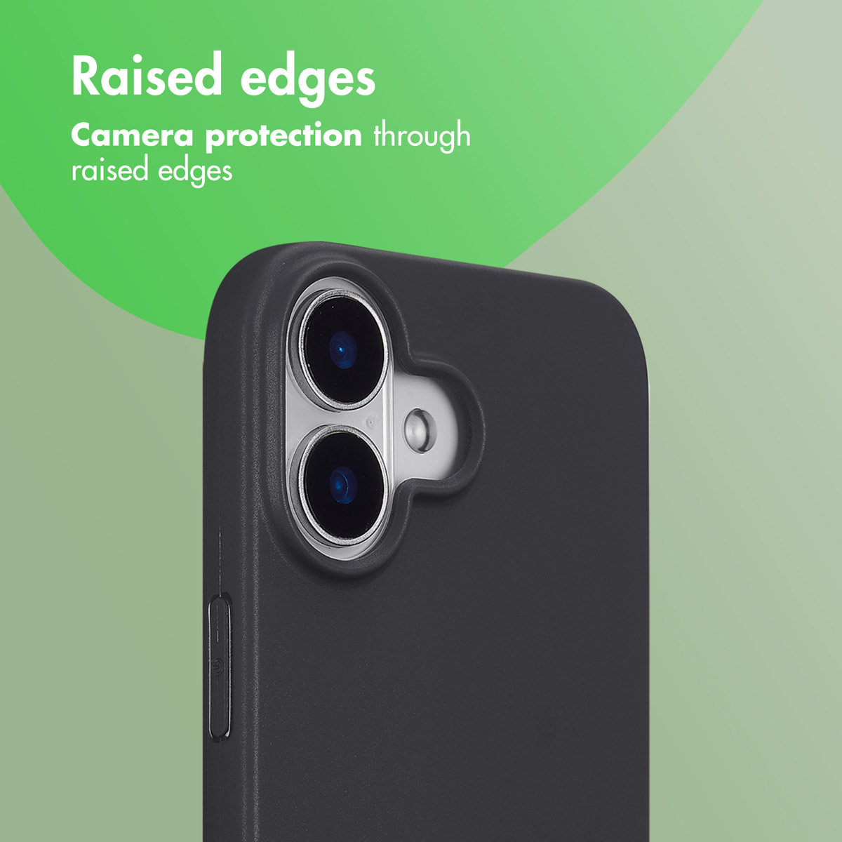 Cover per telefono nera con bordi rialzati attorno alla fotocamera su sfondo verde.