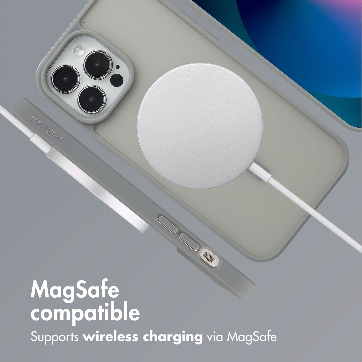 Coque de smartphone grise avec chargeur MagSafe sur fond gris et texte "MagSafe compatible".