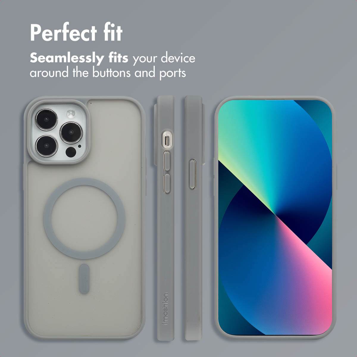 Coque de téléphone grise sous plusieurs angles avec un smartphone, montrant les découpes pour l'appareil photo et les boutons.