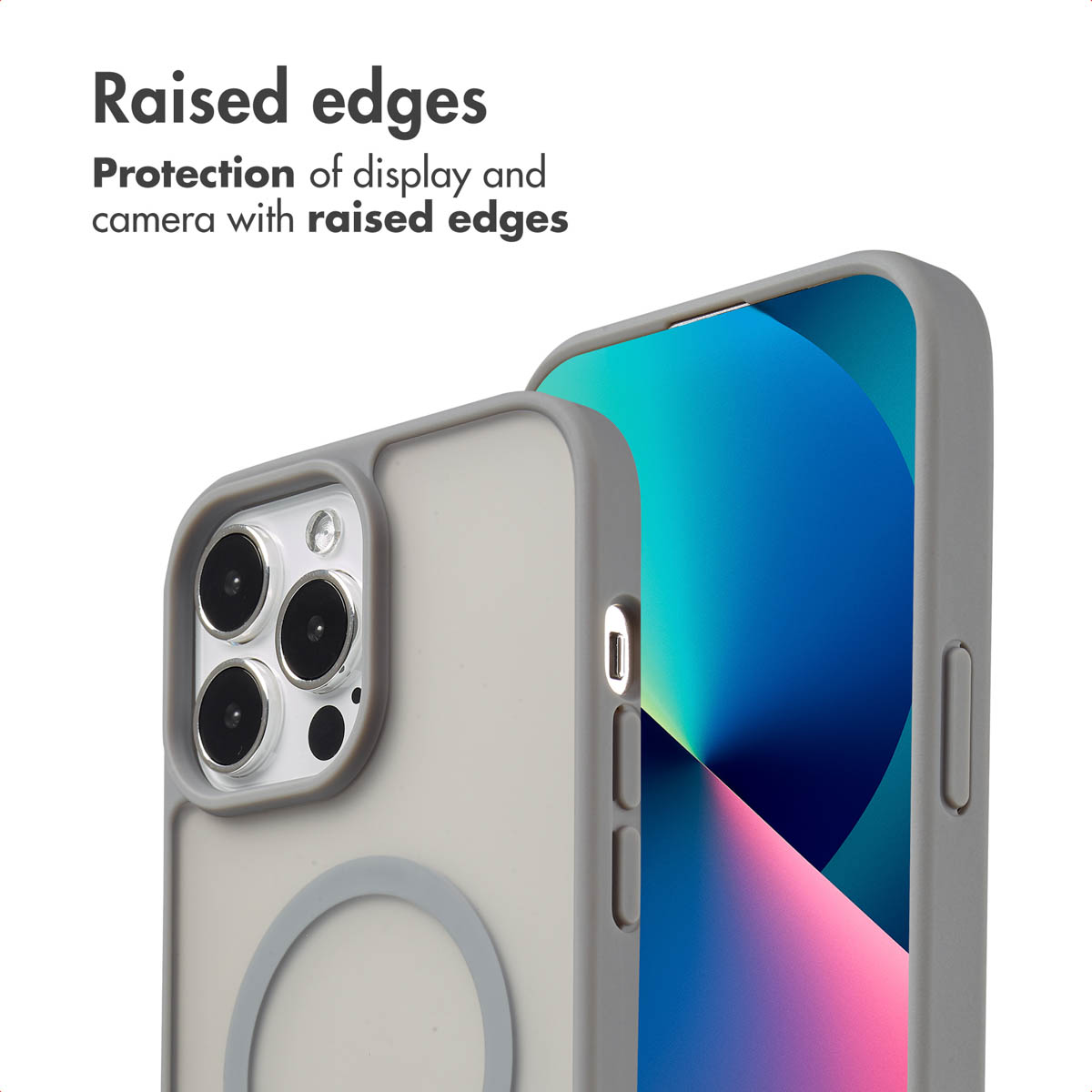 Coque de téléphone grise avec bords surélevés pour protéger l'écran et l'appareil photo.