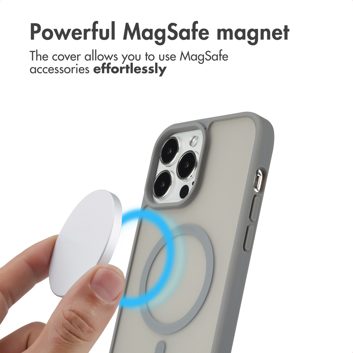 Main tenant un disque magnétique blanc près d'une coque grise avec anneau MagSafe.