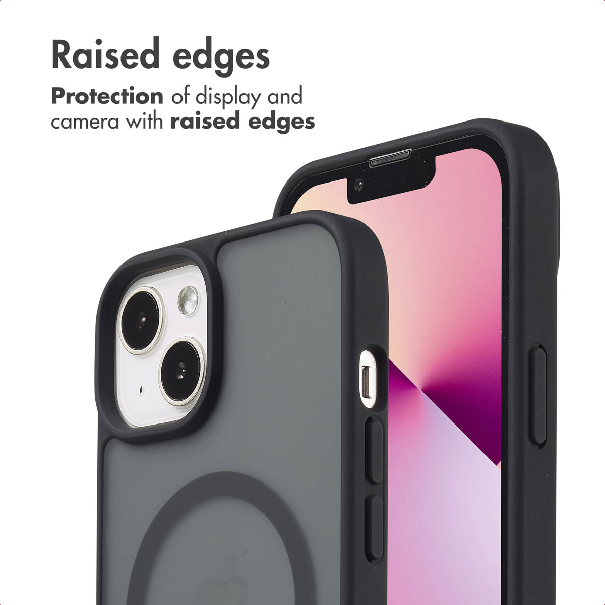 Due smartphone in cover nere con bordi rialzati per proteggere schermo e fotocamera.