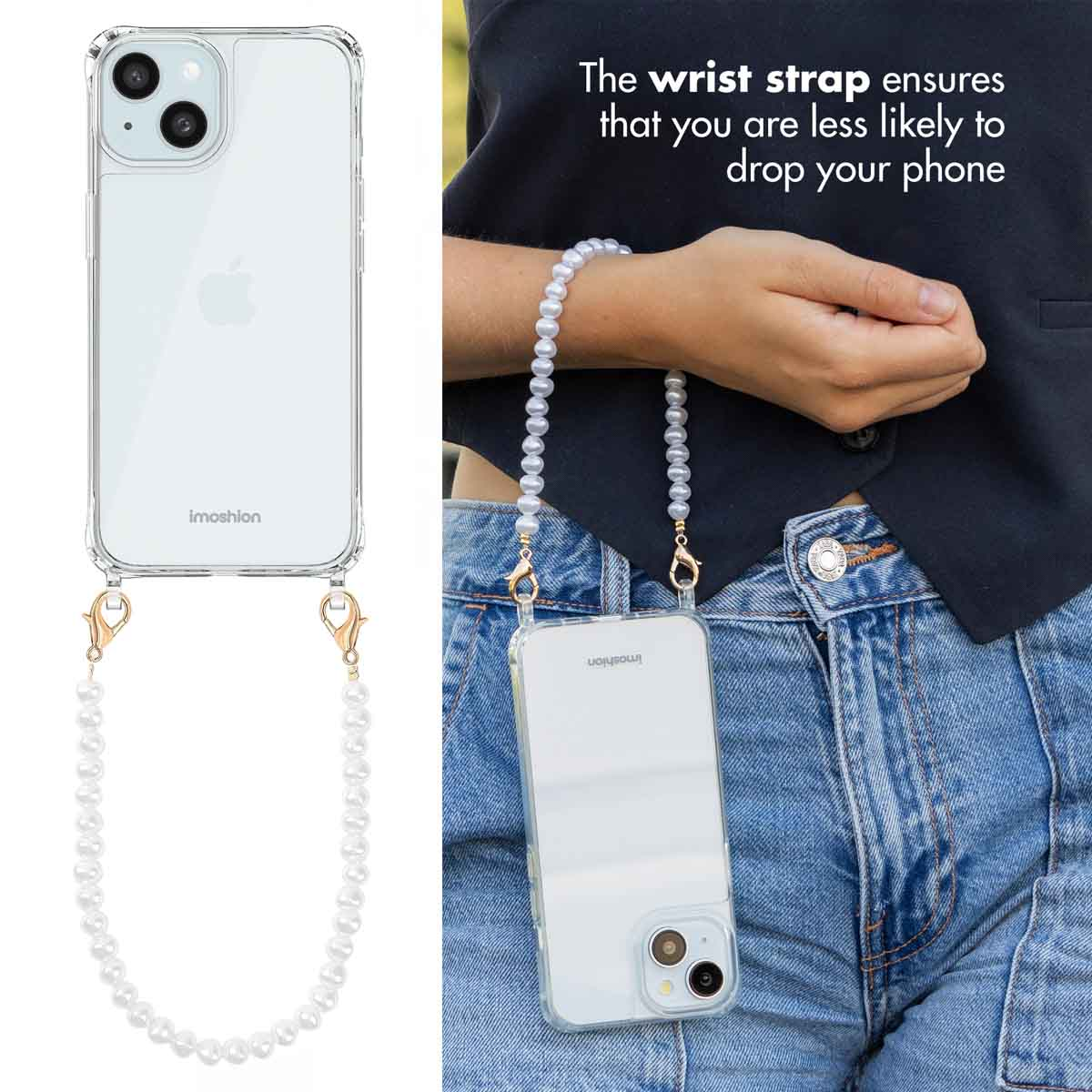 A hand wears a pearl wrist strap attached to a clear phone case.