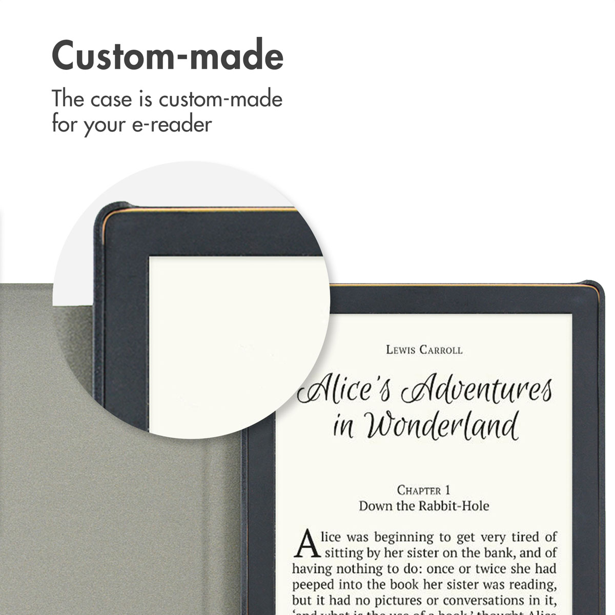 Een e-reader in een hoesje op maat toont Alice in Wonderland, met een close-up van de hoek.