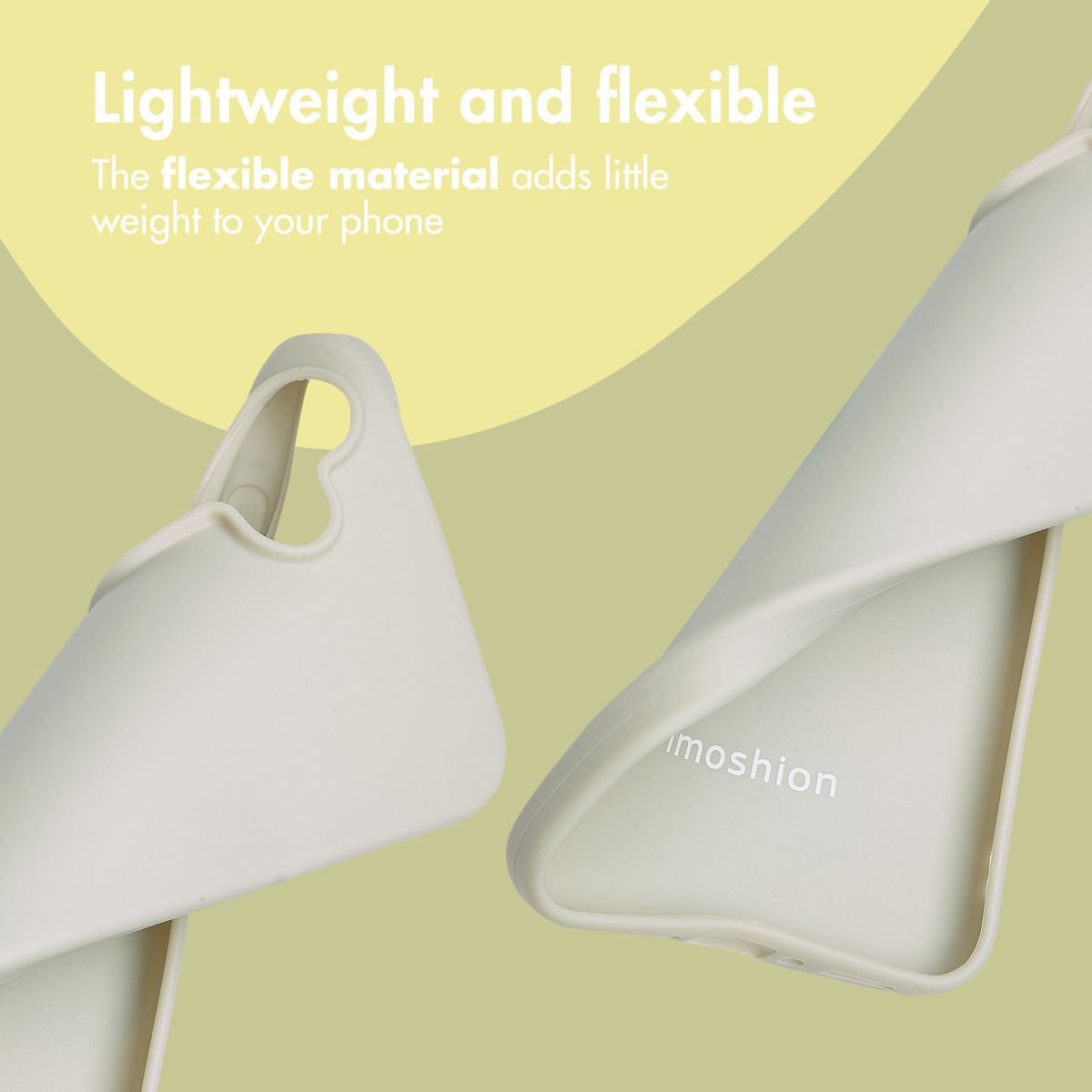 Flexible, beige Smartphone-Hüllen auf gelbem Hintergrund mit weißem Text.