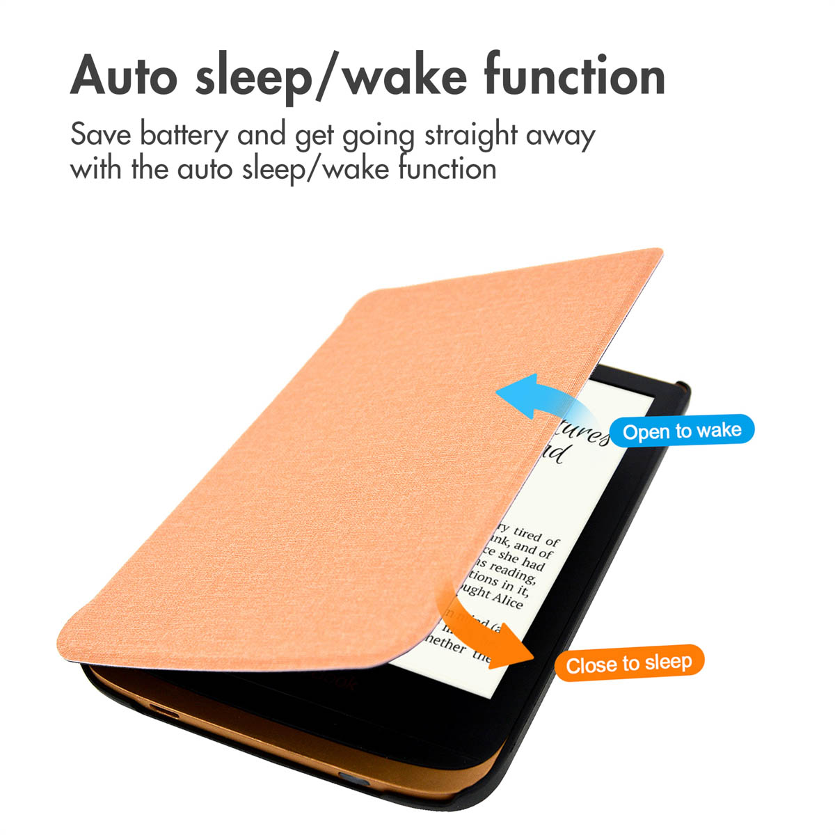 E-reader met oranje hoes toont automatische slaap- en waakfunctie met pijlen.