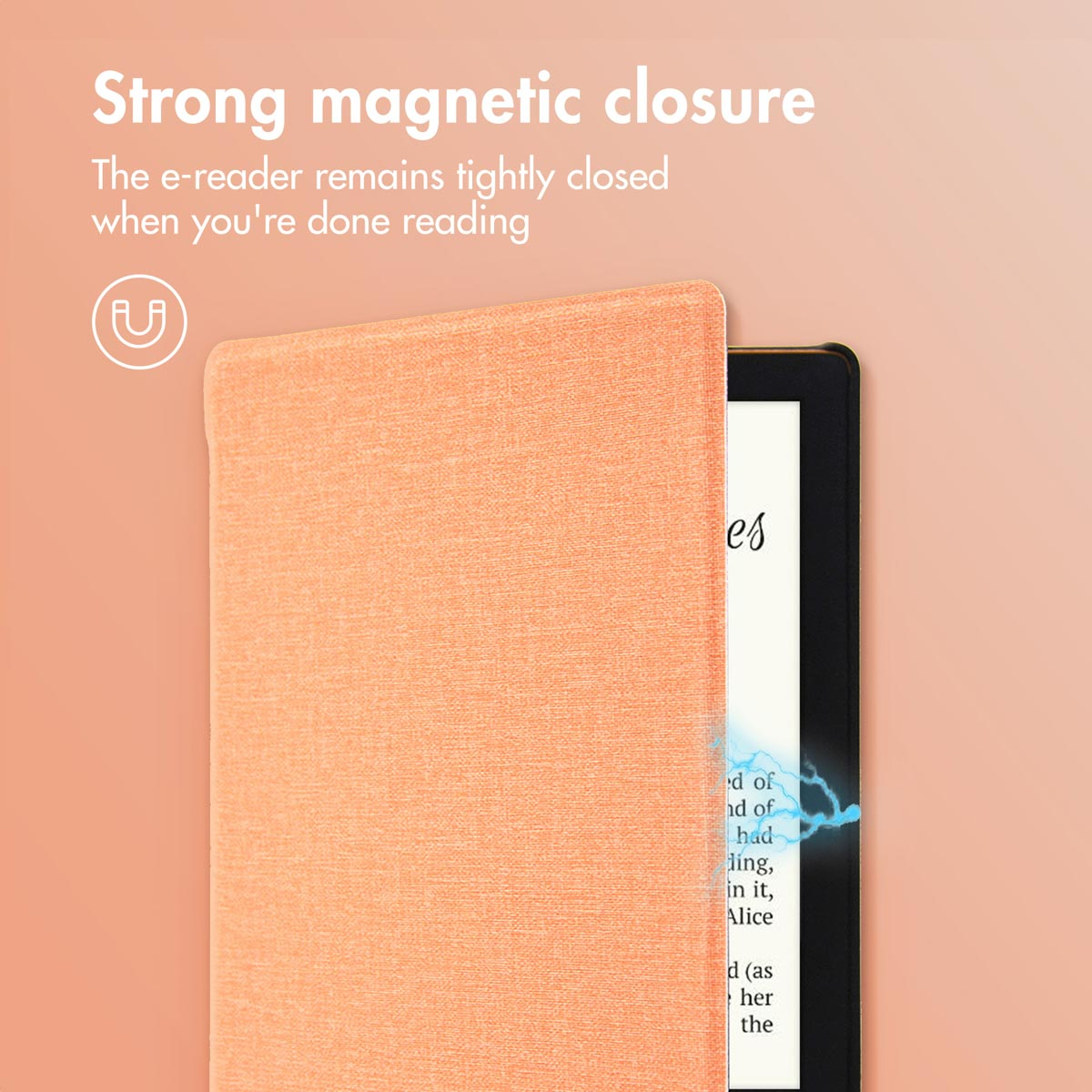 Een oranje e-reader hoesje met een magnetische sluiting.
