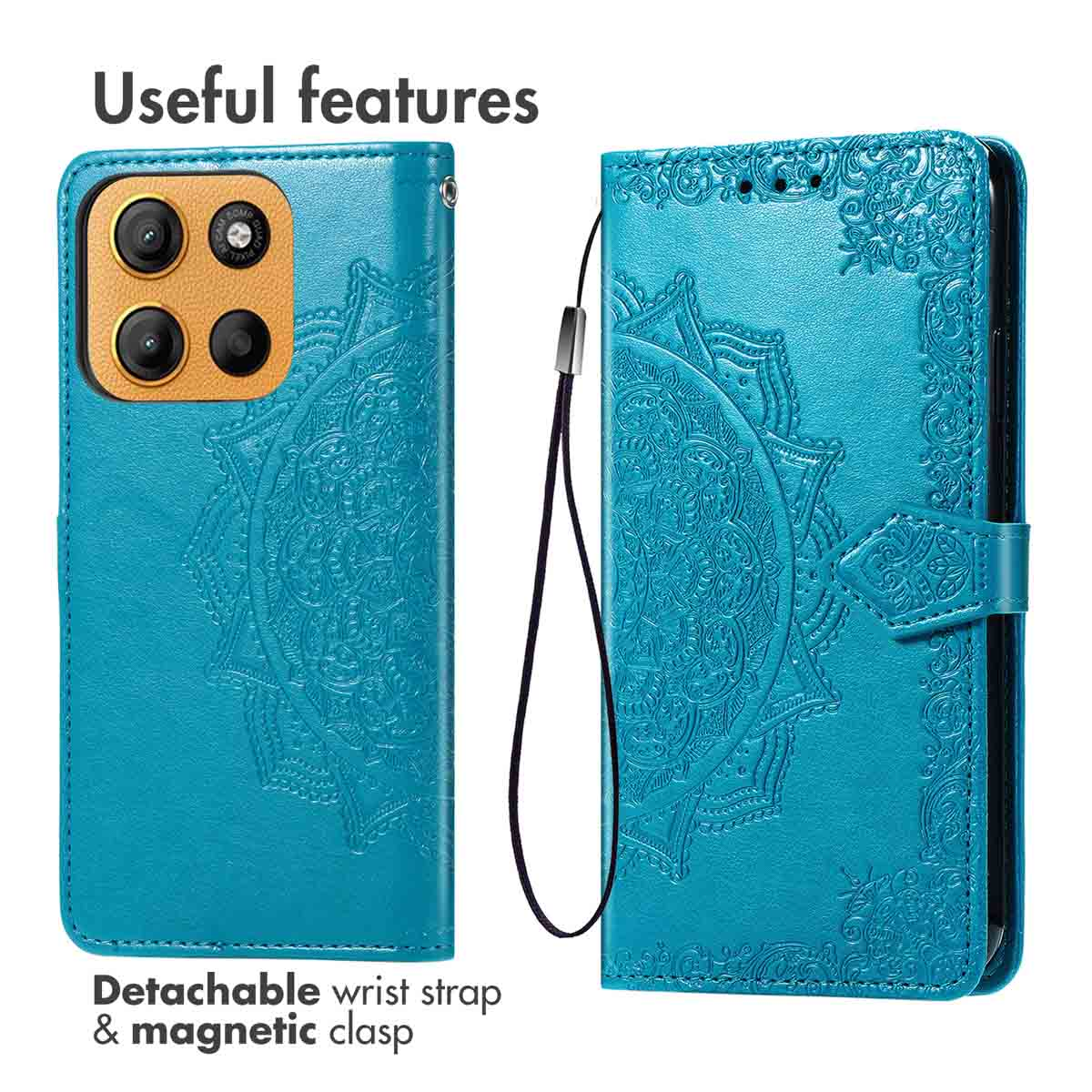 Funda azul para móvil con relieve de mandala, correa de muñeca y cierre magnético.