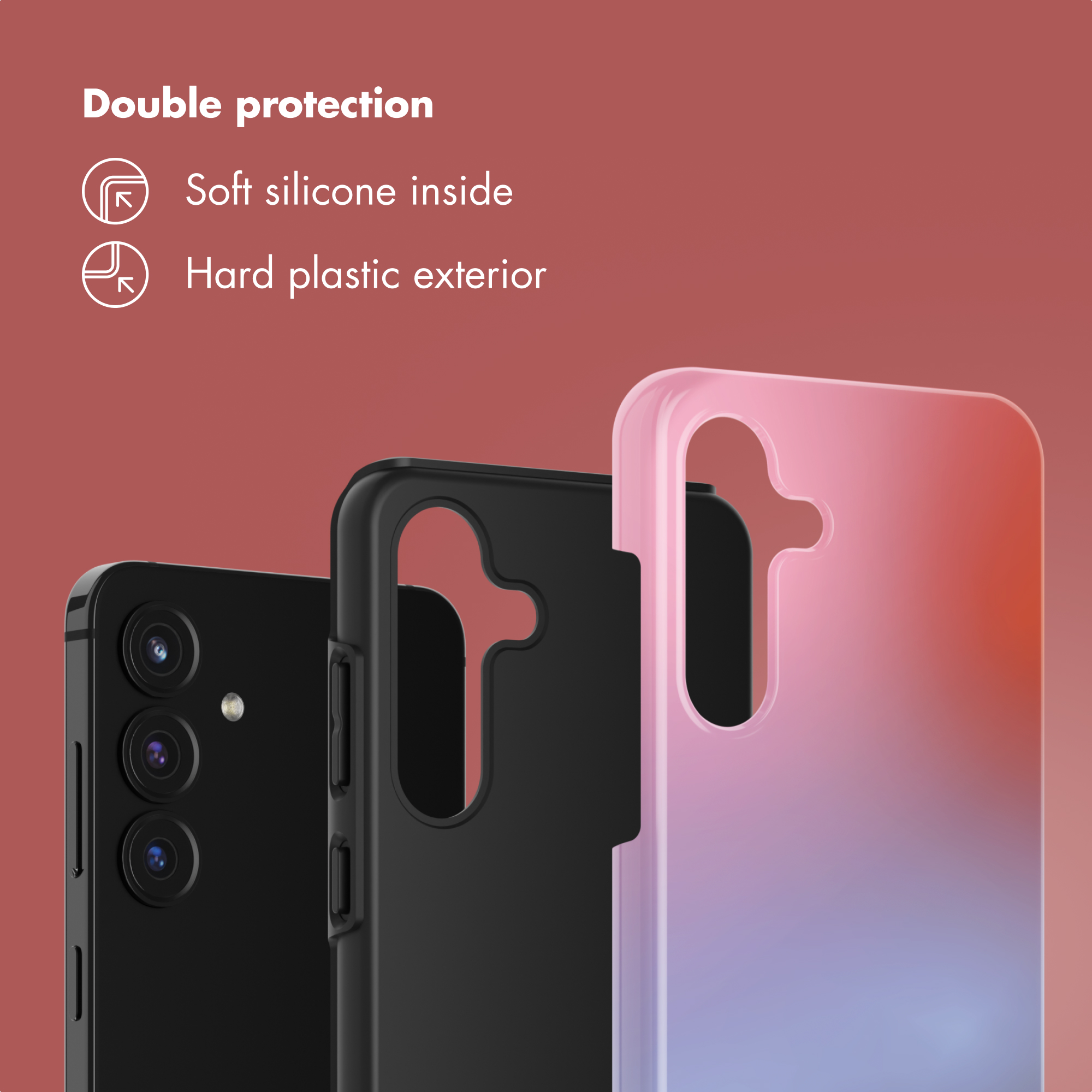 Doppia protezione con silicone morbido interno ed esterno in plastica rigida.