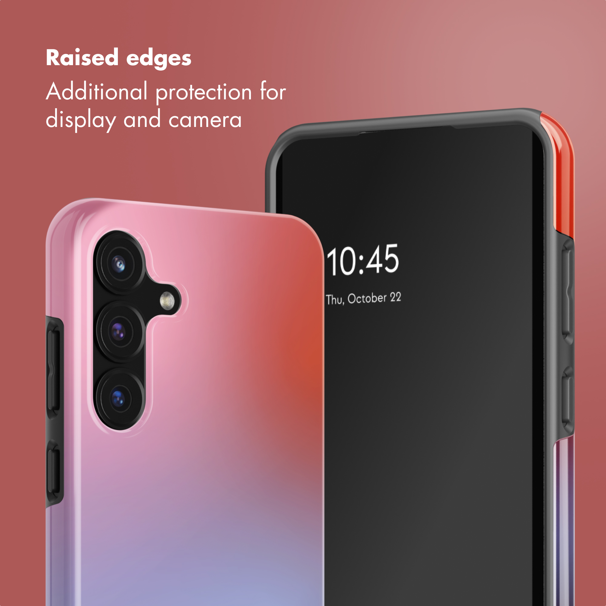 Smartphone in custodia sfumata rosa e rossa con bordi rialzati per proteggere display e fotocamera.